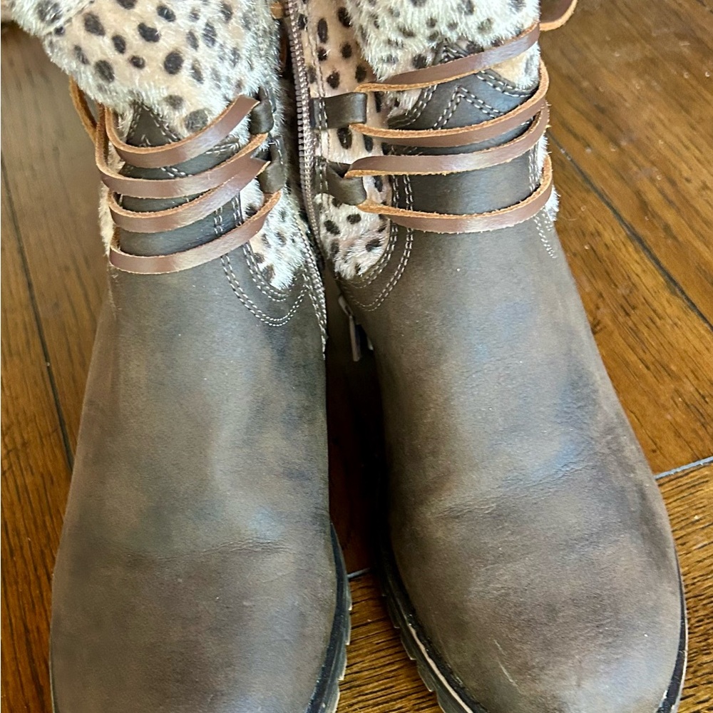 Leopard Faux Fur Wrap Tie Ankle Boots Chunky Heel Boho Festival Chic Size 8 - Picture 3 of 10